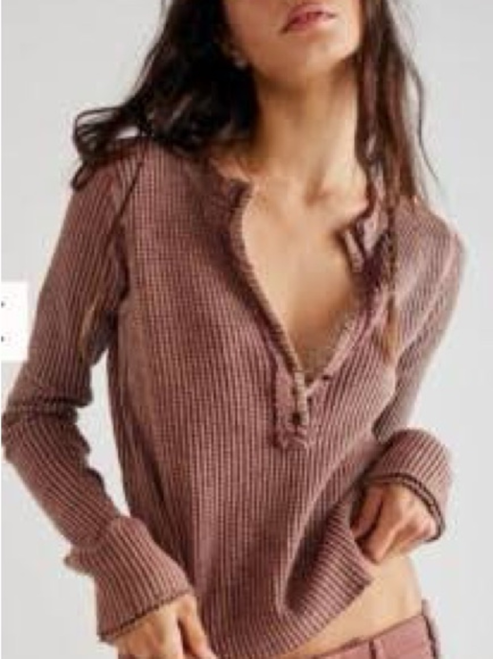 FP One Waffle Henley Sweater Top - brown